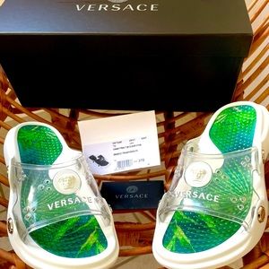 sz 37 NEW $570 VERSACE RUNWAY Jungle Print PVC MEDUSA LOGO Slides SPORTY SANDALS